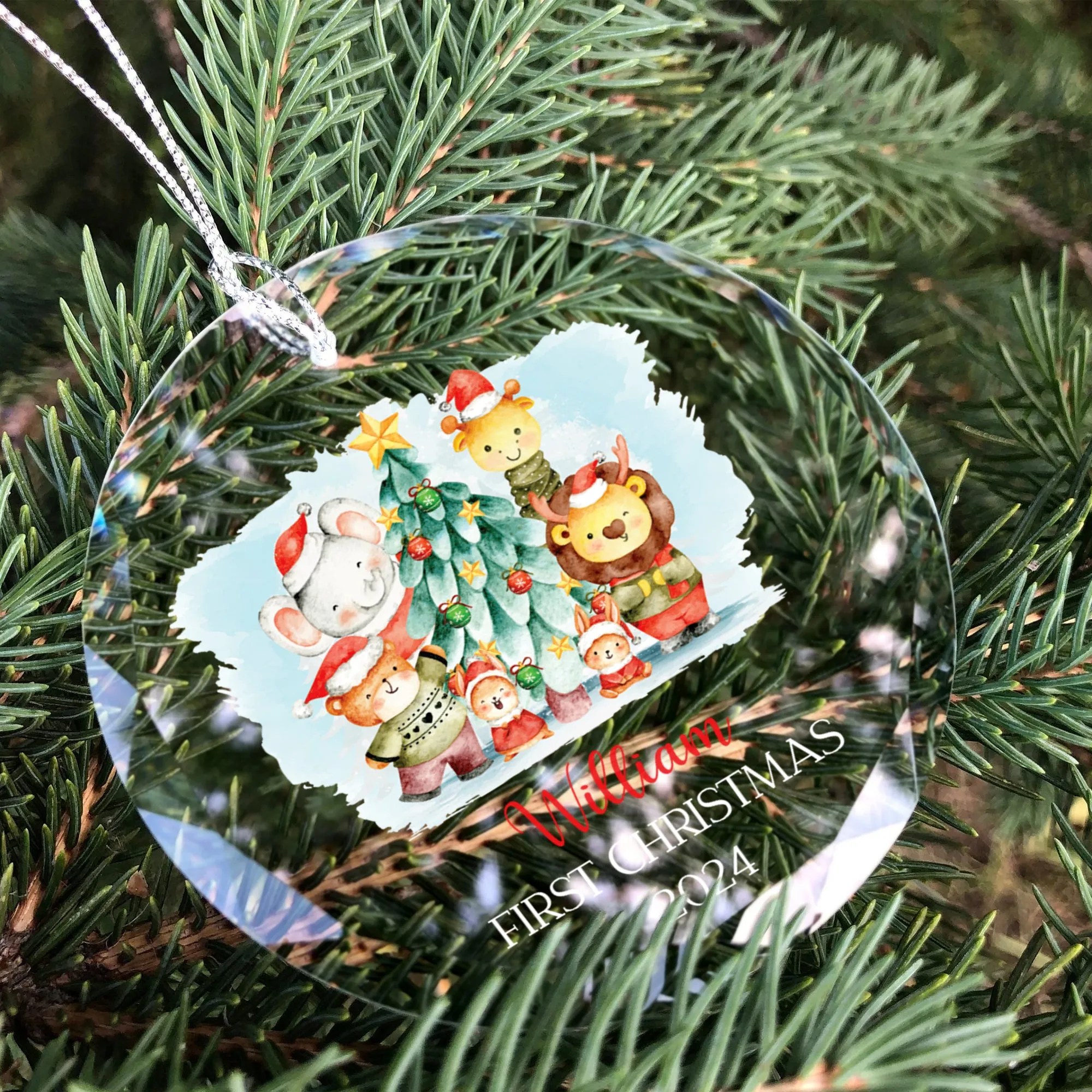 Personalized Baby's First Christmas Glass Ornament, Personalized Woodland Creatures, Baby Deer Ornament, Holiday Keepsake Ornament, New Baby Gift, 2024 Custom Baby Ornament GX02-20