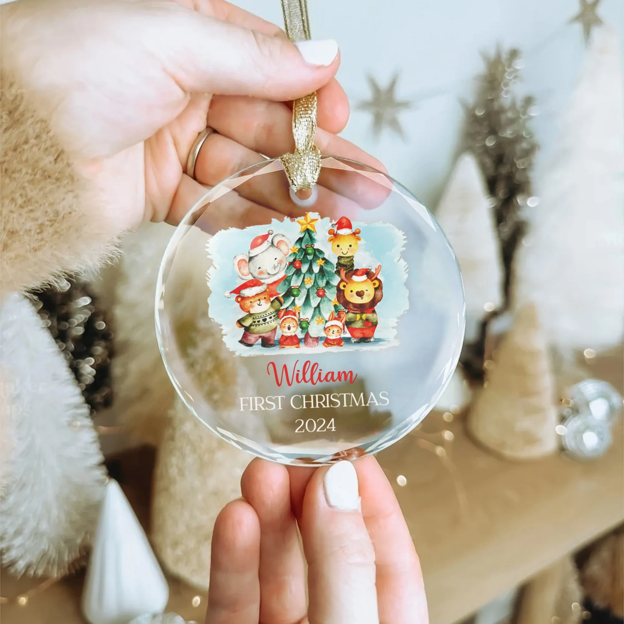 Personalized Baby's First Christmas Glass Ornament, Personalized Woodland Creatures, Baby Deer Ornament, Holiday Keepsake Ornament, New Baby Gift, 2024 Custom Baby Ornament GX02-20