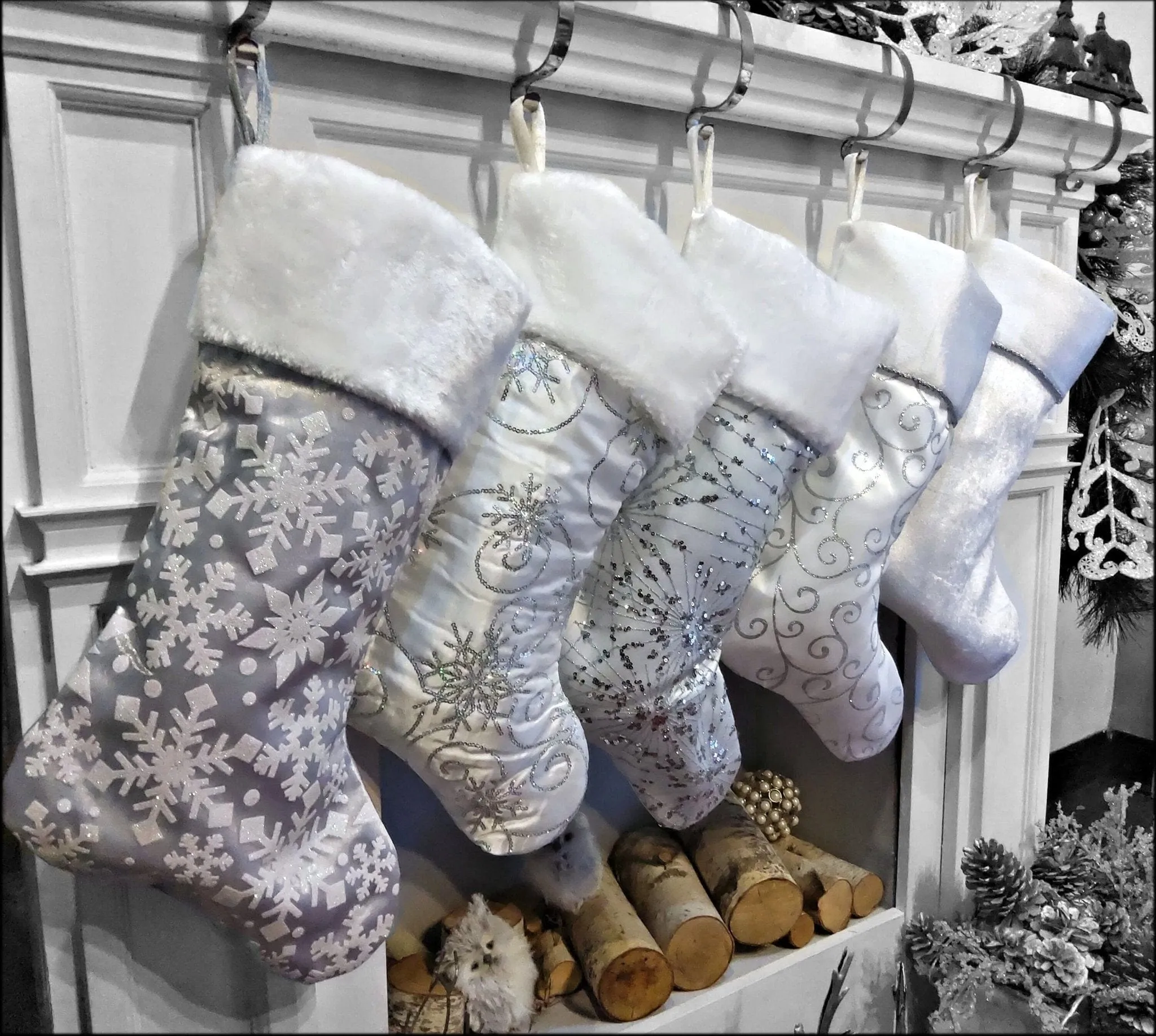 Personalized Elegant Silver White Christmas Stockings - 20" Silver Glitter or Sequin and Satin Velvet Christmas Stocking Monogram Names