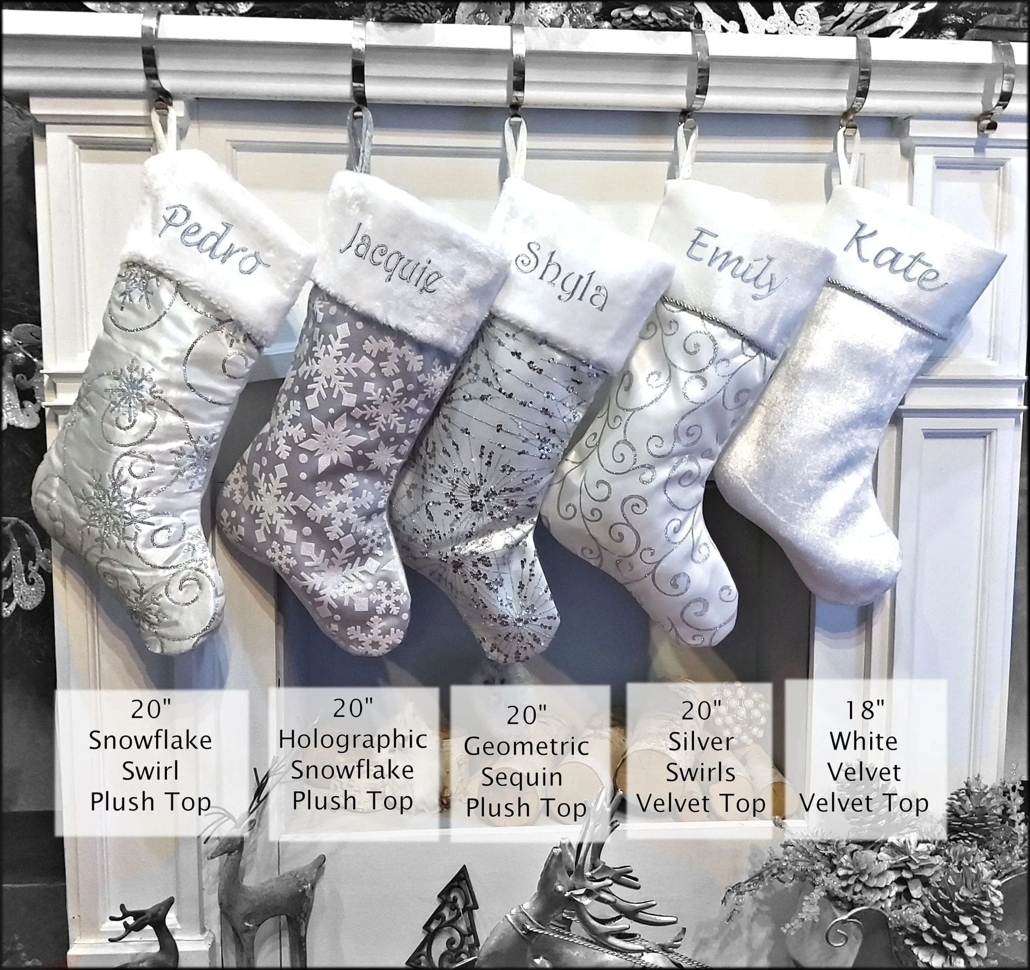 Personalized Elegant Silver White Christmas Stockings - 20" Silver Glitter or Sequin and Satin Velvet Christmas Stocking Monogram Names