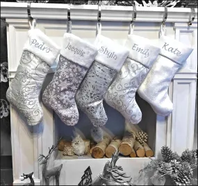 Personalized Elegant Silver White Christmas Stockings - 20" Silver Glitter or Sequin and Satin Velvet Christmas Stocking Monogram Names