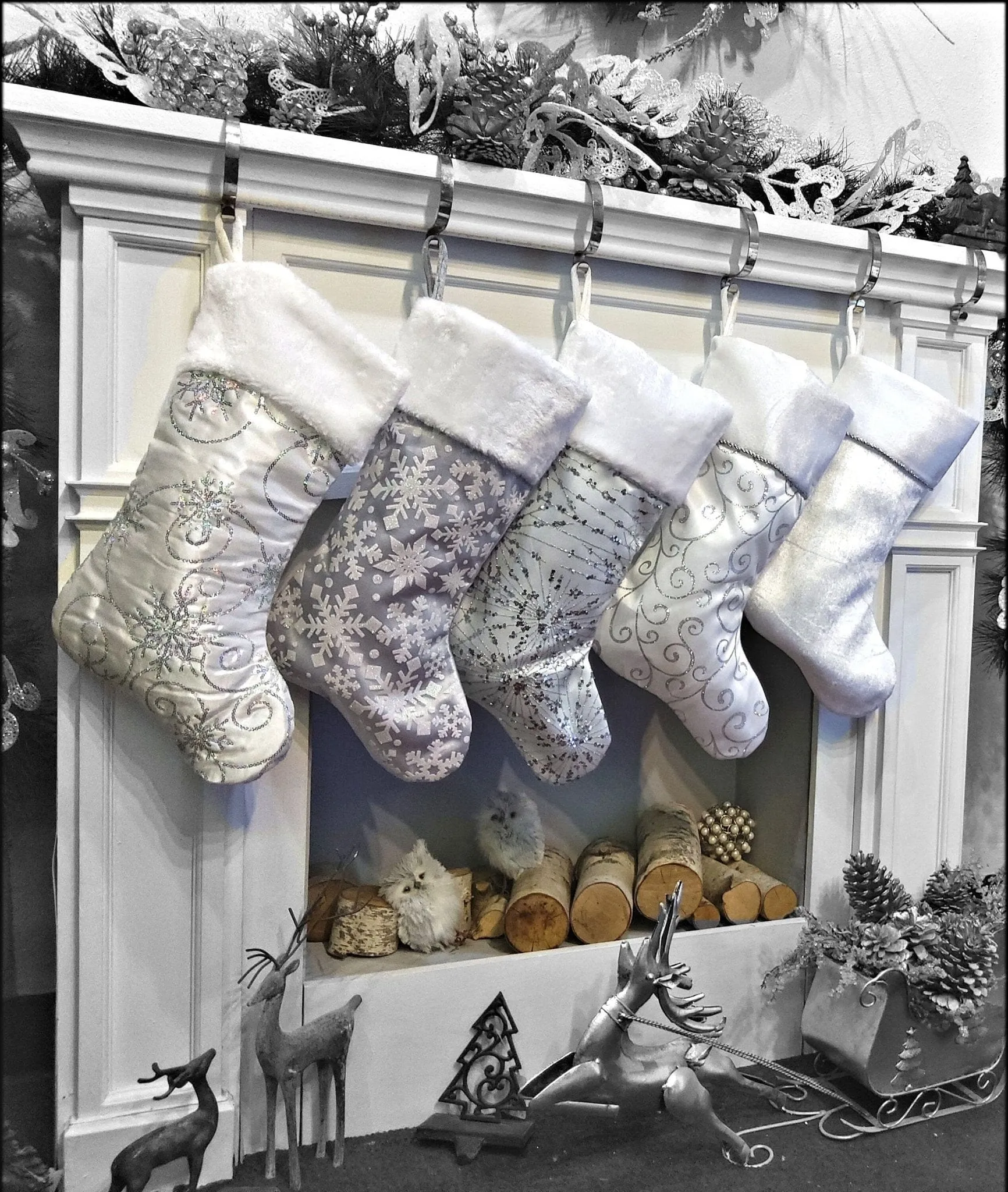 Personalized Elegant Silver White Christmas Stockings - 20" Silver Glitter or Sequin and Satin Velvet Christmas Stocking Monogram Names