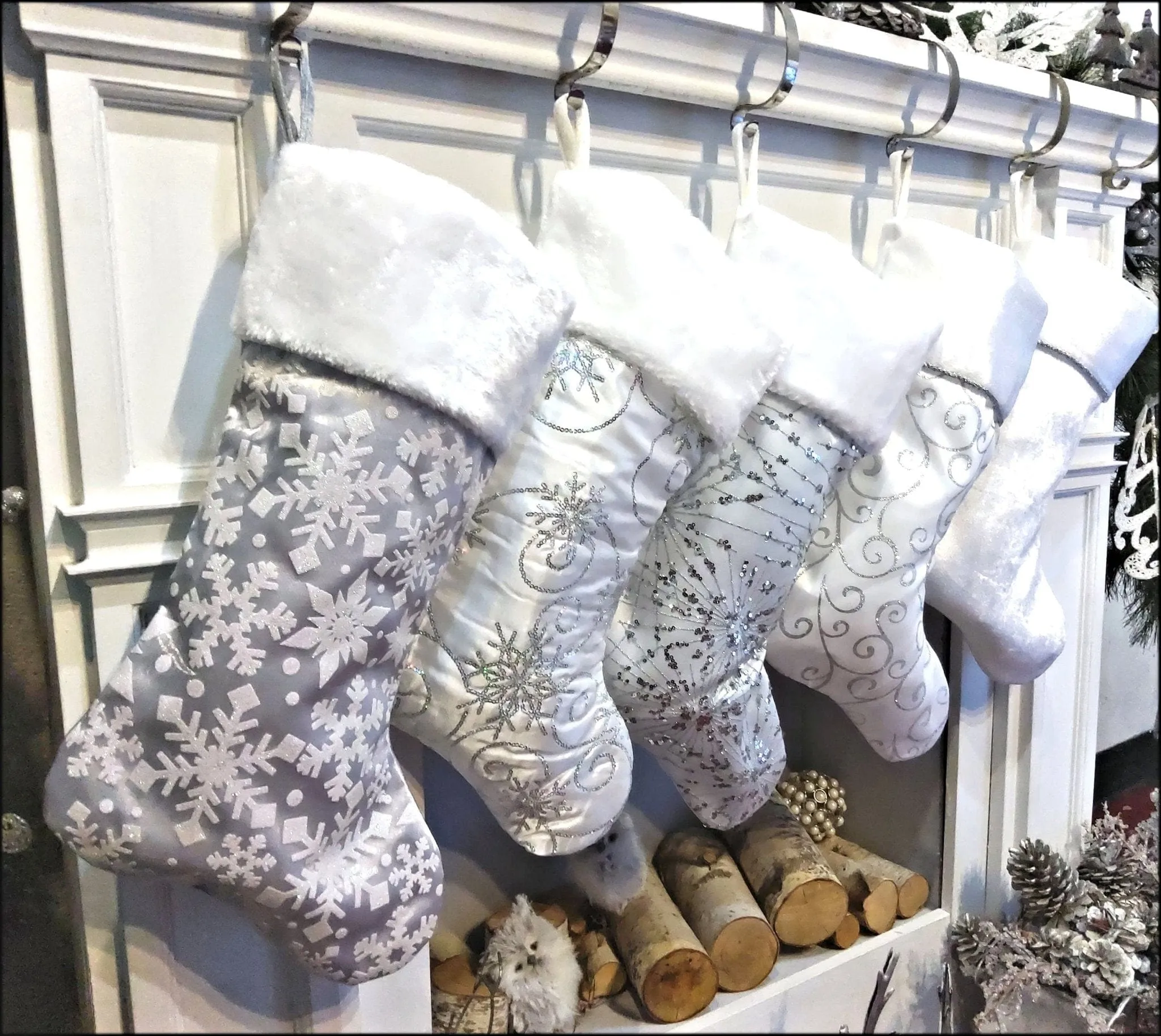 Personalized Elegant Silver White Christmas Stockings - 20" Silver Glitter or Sequin and Satin Velvet Christmas Stocking Monogram Names