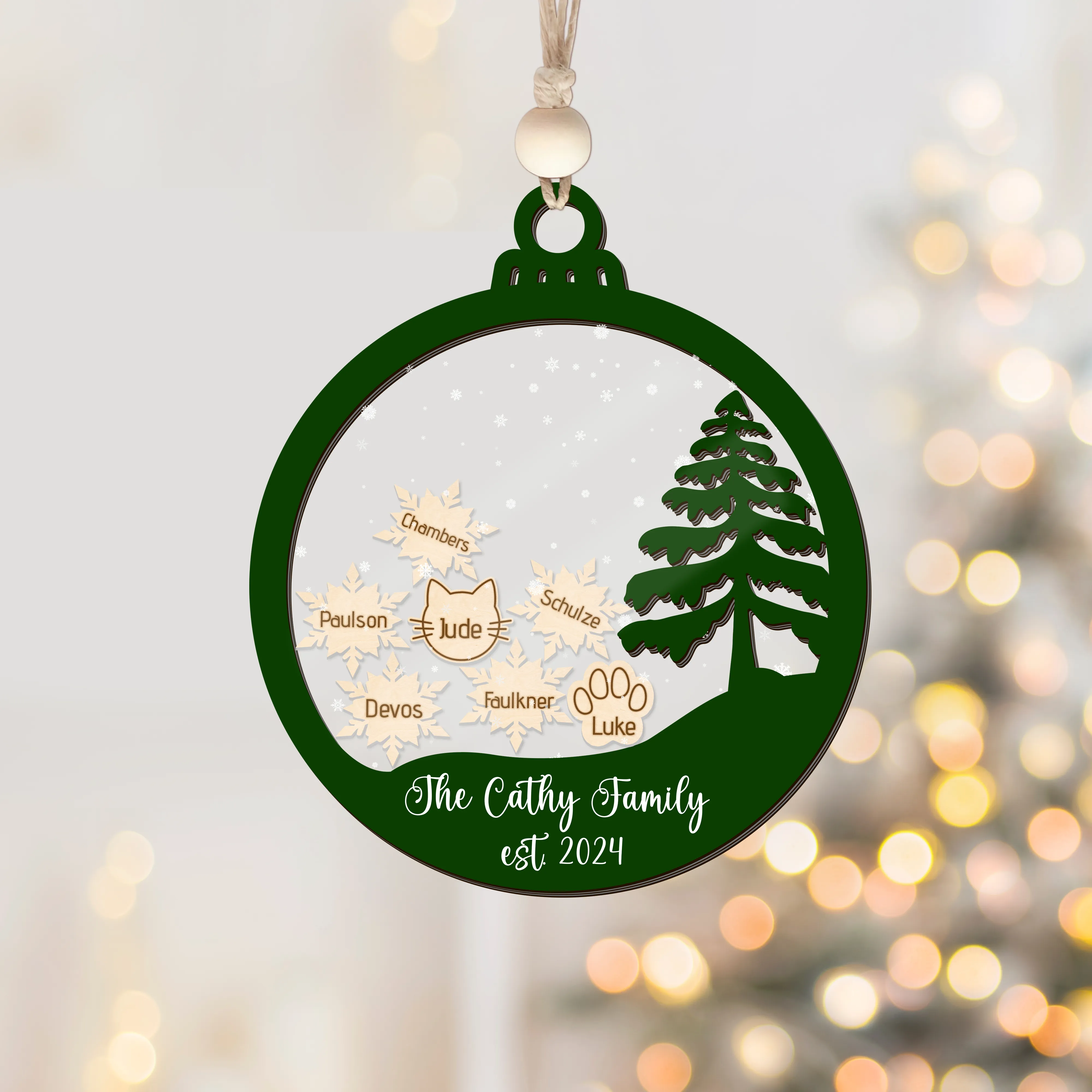 Personalized Family Christmas Ornament 5D, Custom Family Name Wooden Ornament CF299