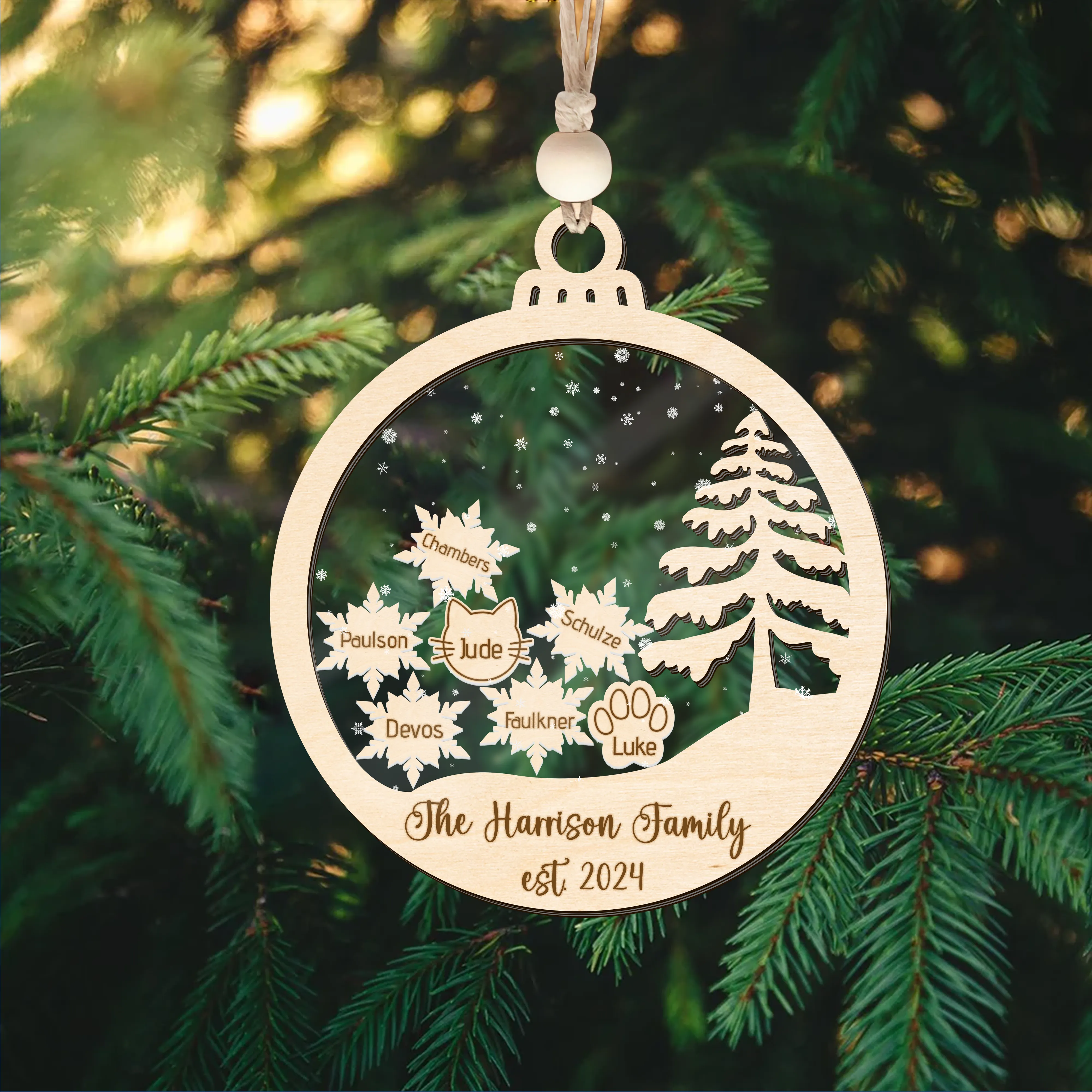 Personalized Family Christmas Ornament 5D, Custom Family Name Wooden Ornament CF299