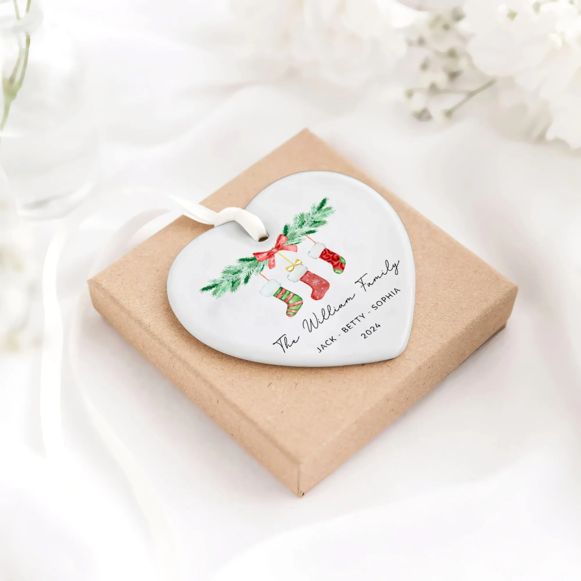 Personalized Family of 4 Ornament, Personalized Heart Shaped Ornament CY02-10