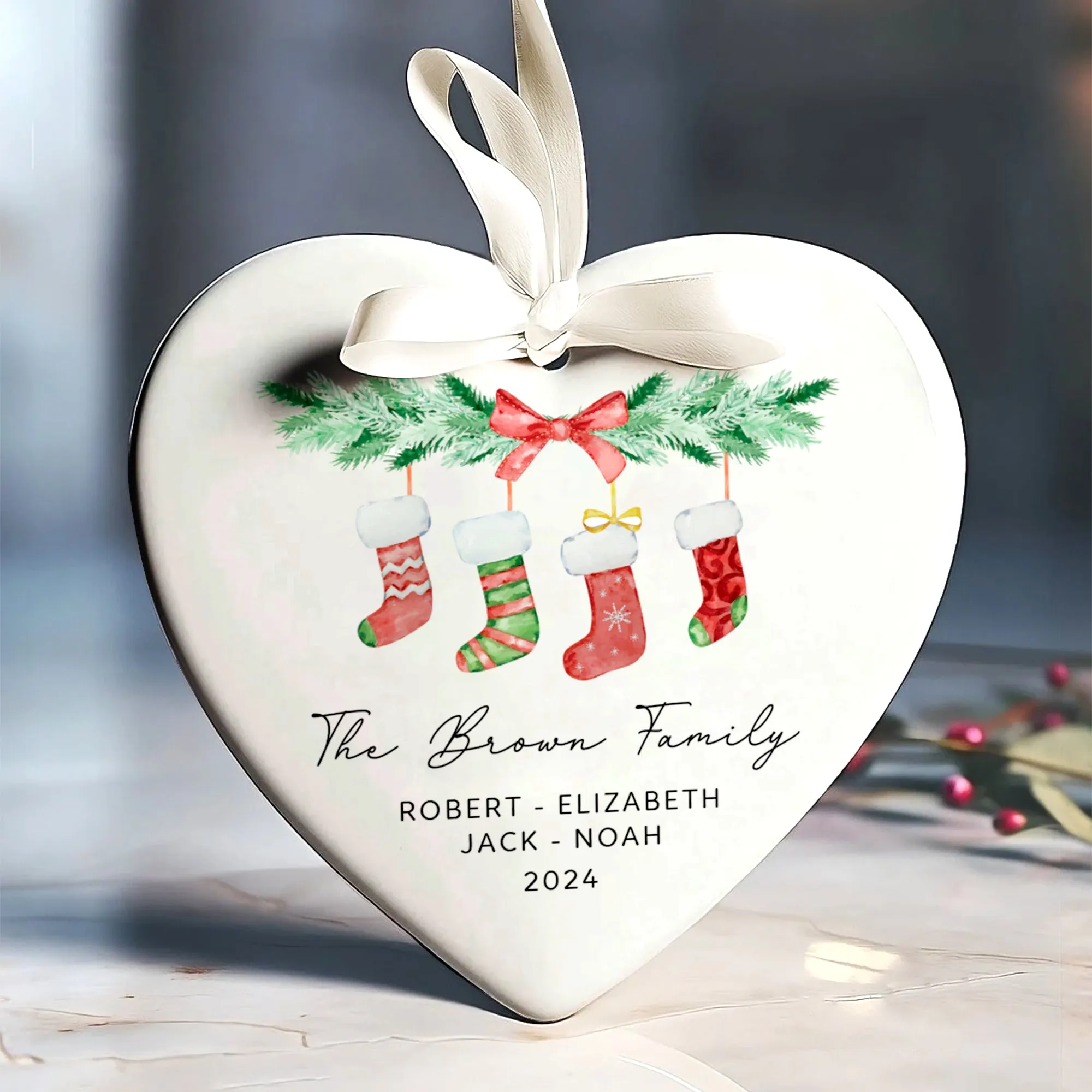 Personalized Family of 4 Ornament, Personalized Heart Shaped Ornament CY02-10