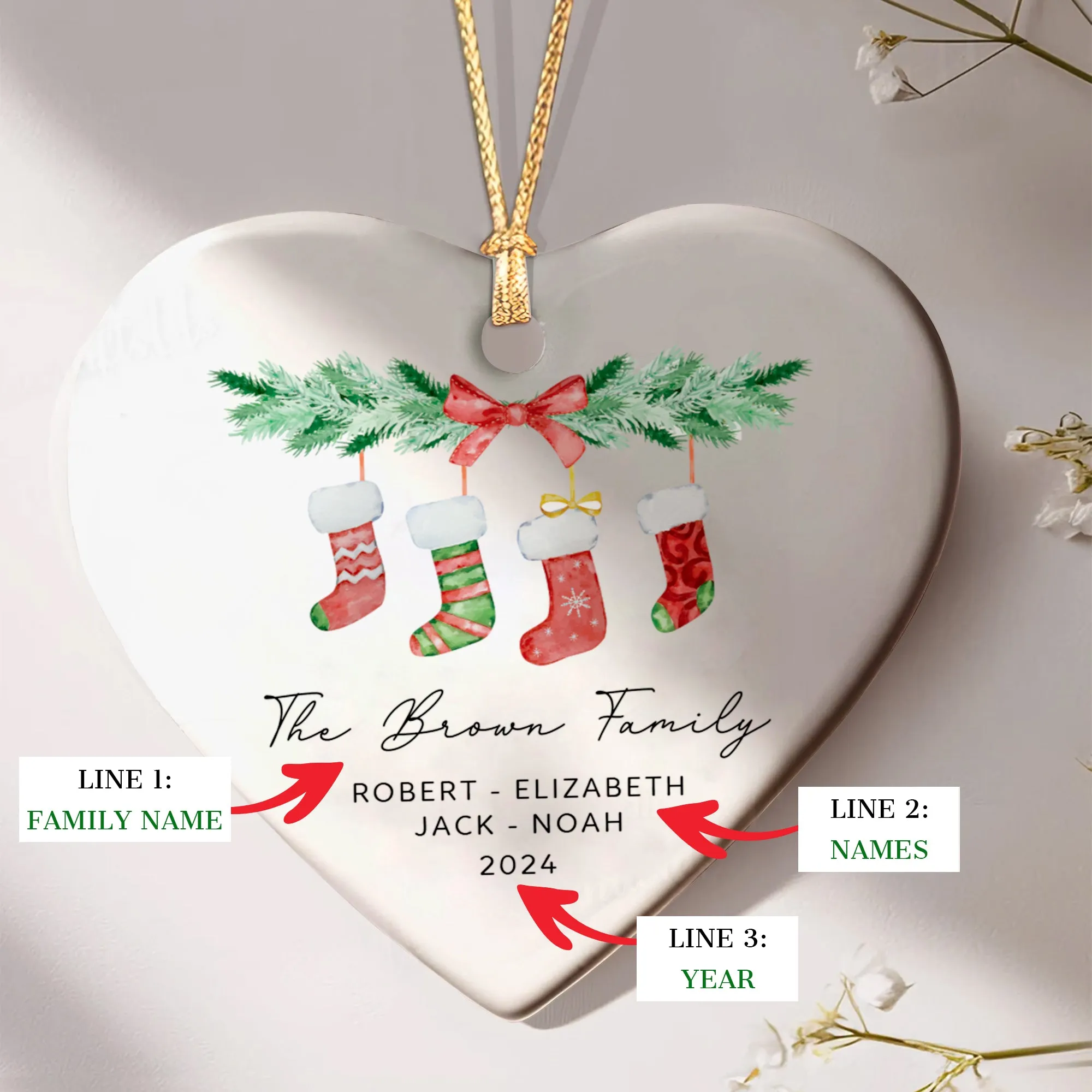 Personalized Family of 4 Ornament, Personalized Heart Shaped Ornament CY02-10