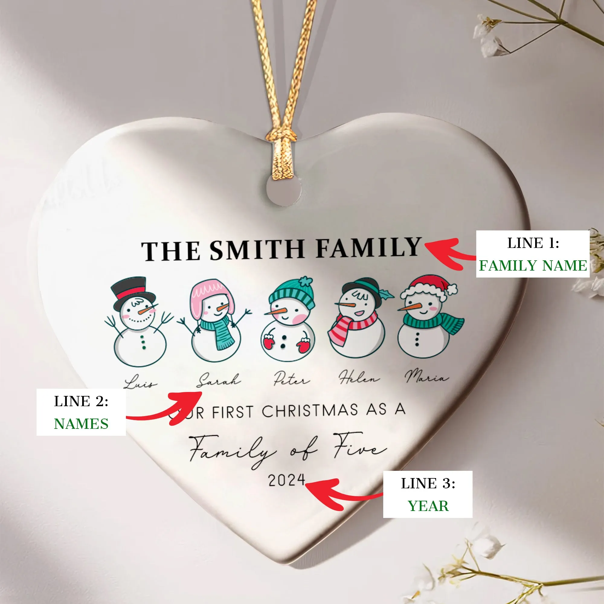 Personalized Family of 4 Ornament, Personalized Heart Shaped Ornament CY02-12