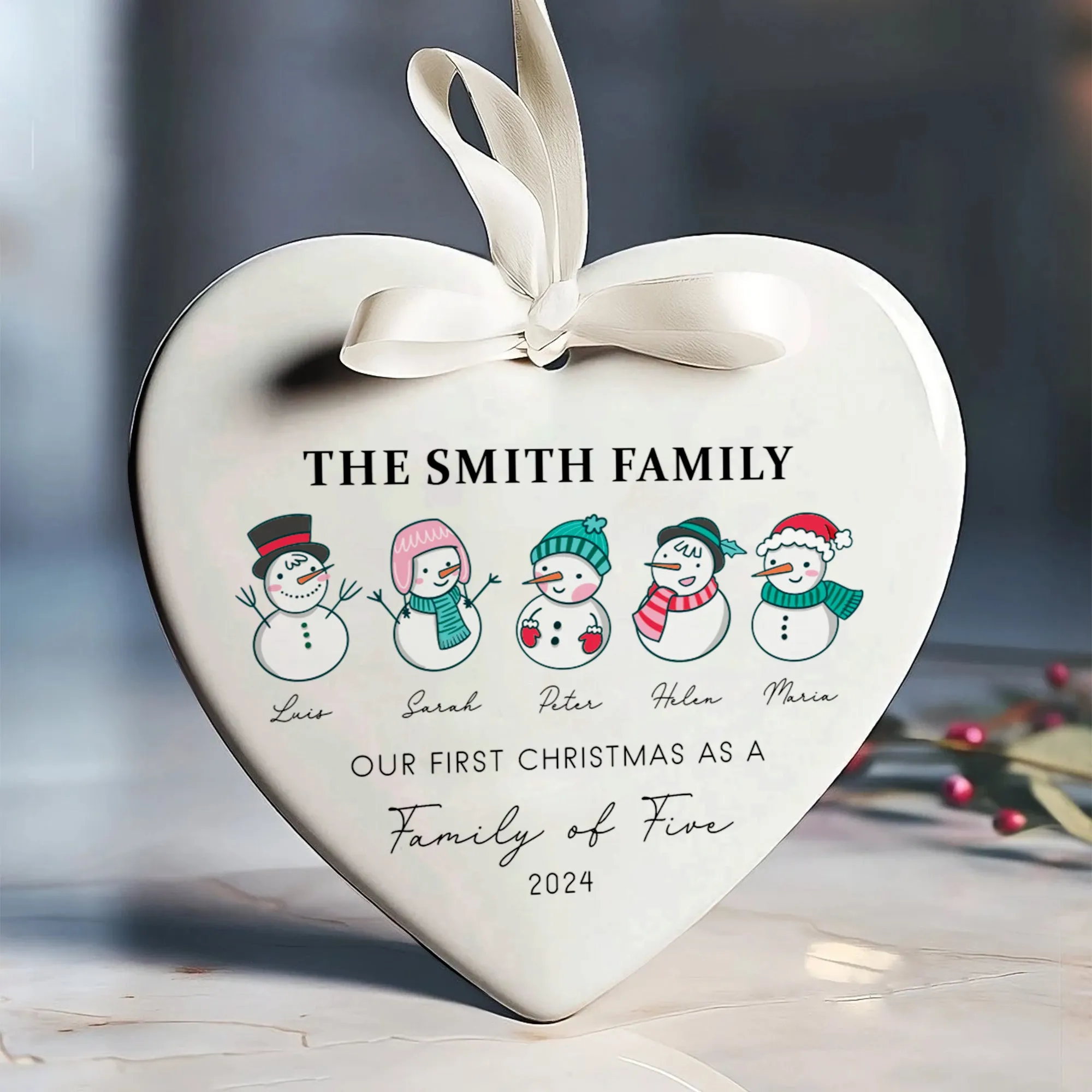 Personalized Family of 4 Ornament, Personalized Heart Shaped Ornament CY02-12