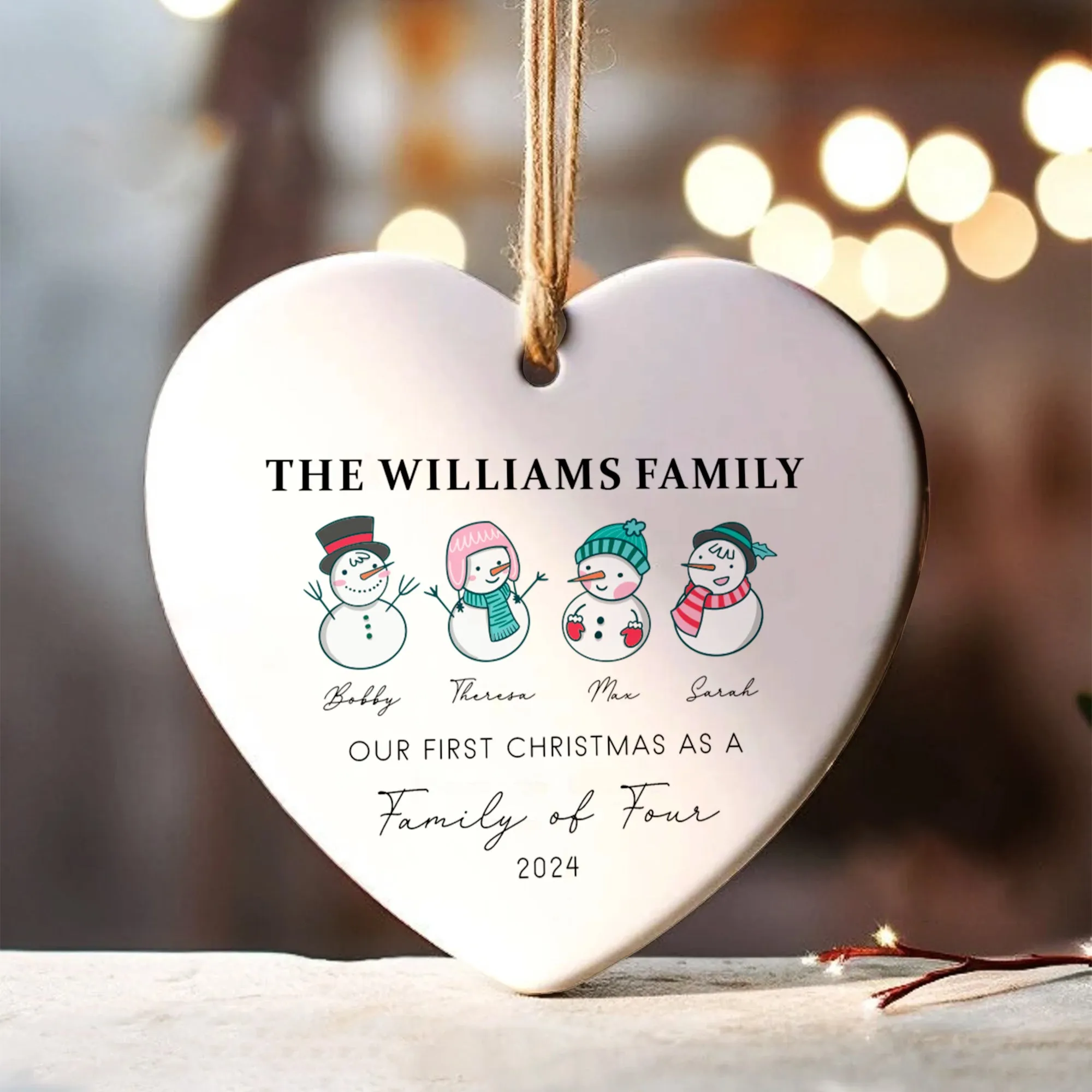 Personalized Family of 4 Ornament, Personalized Heart Shaped Ornament CY02-12