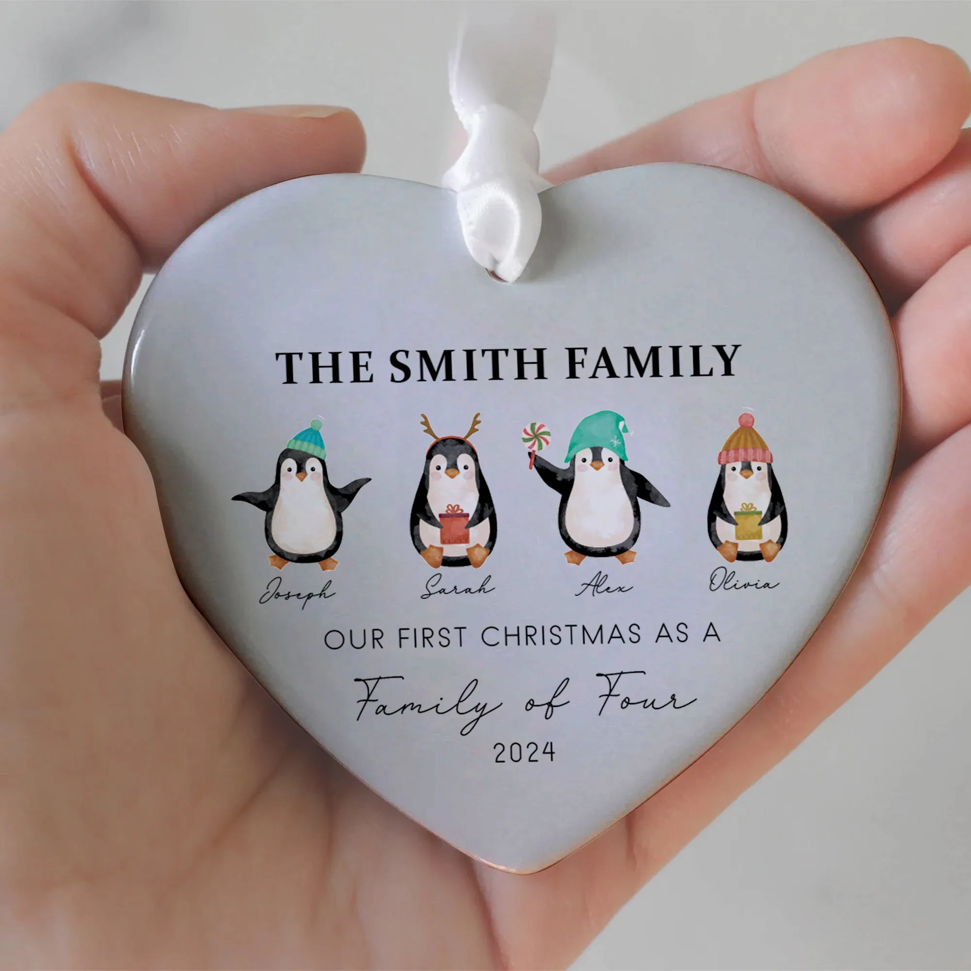 Personalized Family of 4 Ornament, Personalized Heart Shaped Ornament CY02-13