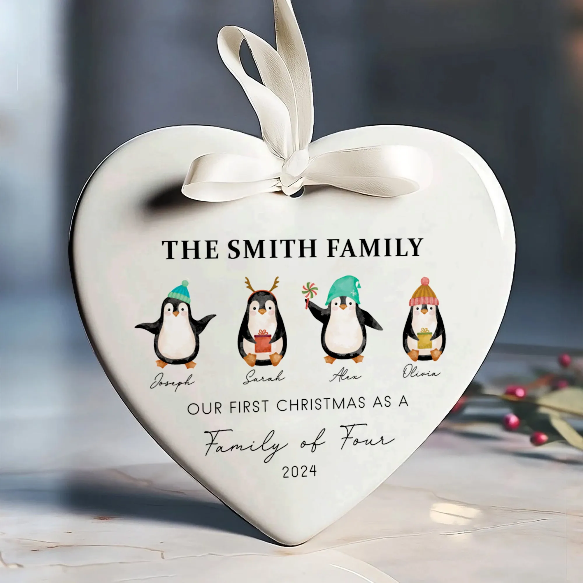 Personalized Family of 4 Ornament, Personalized Heart Shaped Ornament CY02-13