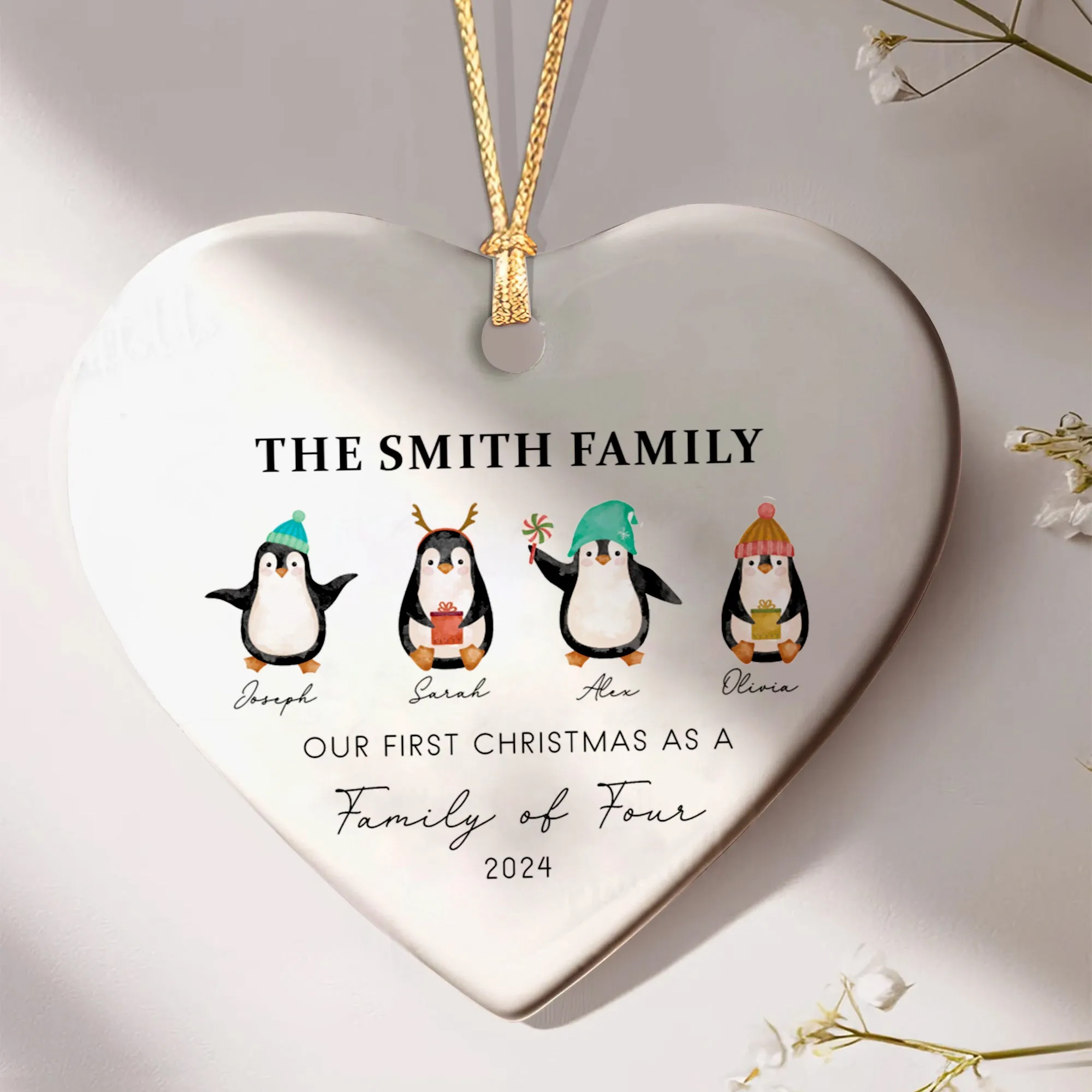 Personalized Family of 4 Ornament, Personalized Heart Shaped Ornament CY02-13