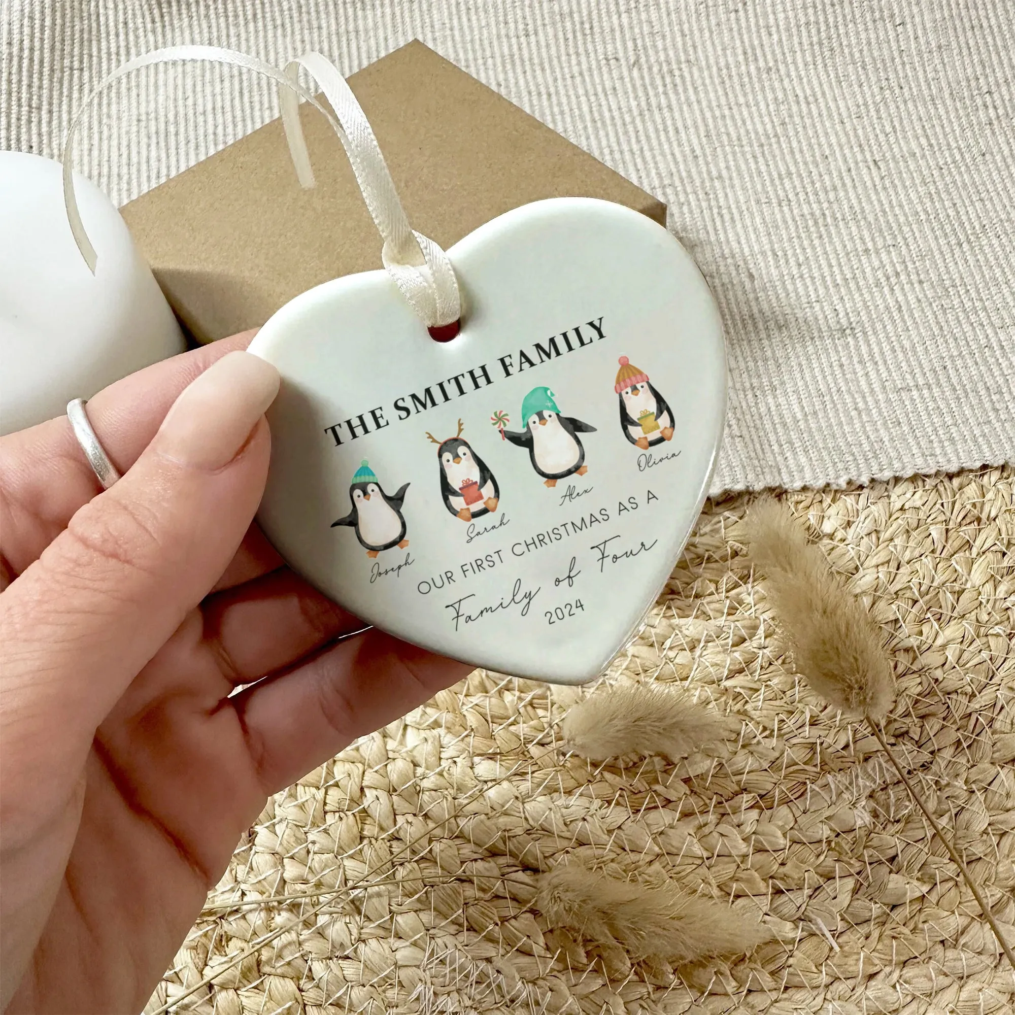 Personalized Family of 4 Ornament, Personalized Heart Shaped Ornament CY02-13