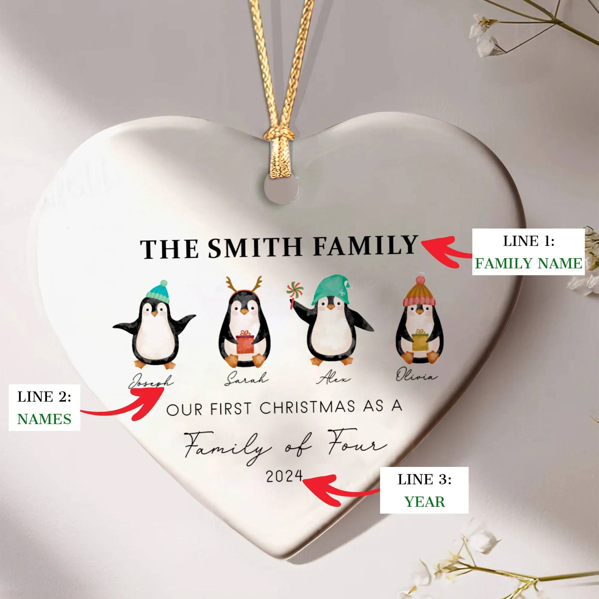 Personalized Family of 4 Ornament, Personalized Heart Shaped Ornament CY02-13