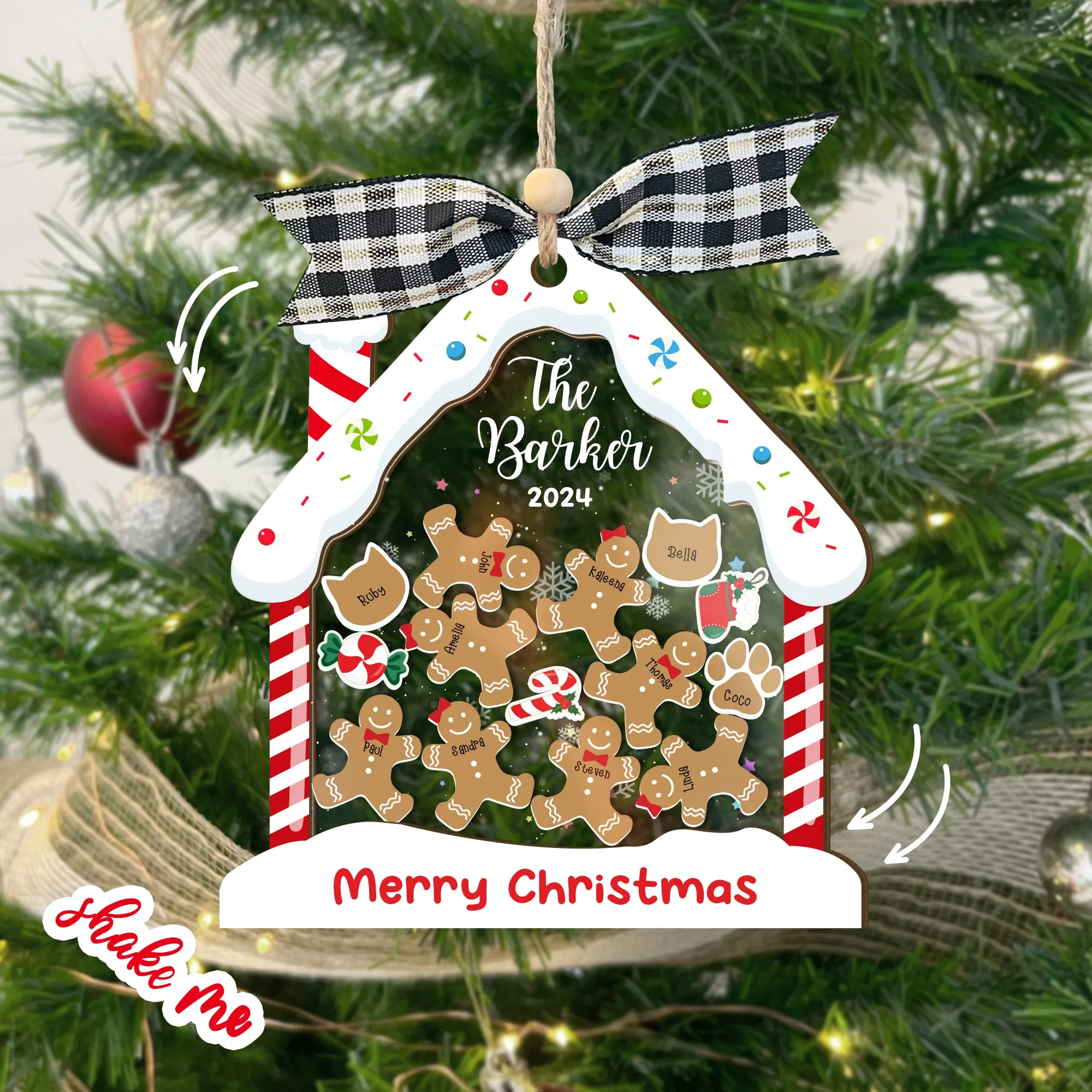 Personalized Family Ornaments With Pets, 2 Layers Shaker Ornament with Gingerbread Family and Pets CF119