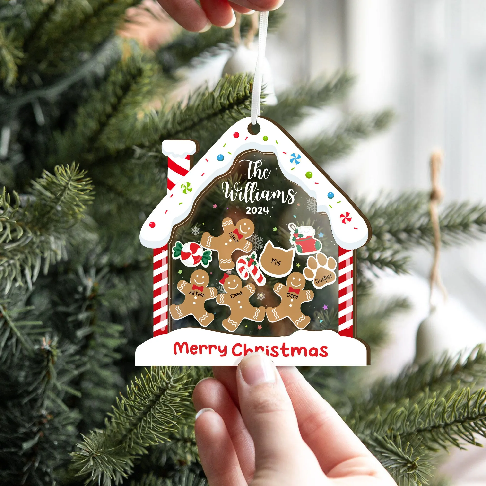 Personalized Family Ornaments With Pets, 2 Layers Shaker Ornament with Gingerbread Family and Pets CF119