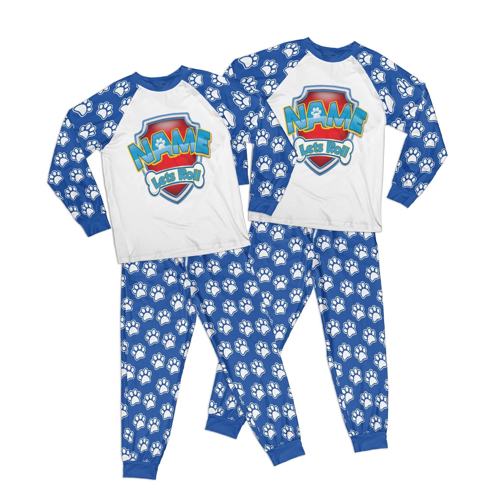 Personalized Family Pajama Sets | Matching Cartoon Xmas Jammies for ADULTS | Christmas Holiday family PJs | Custom Blue Paw and Bones night suit