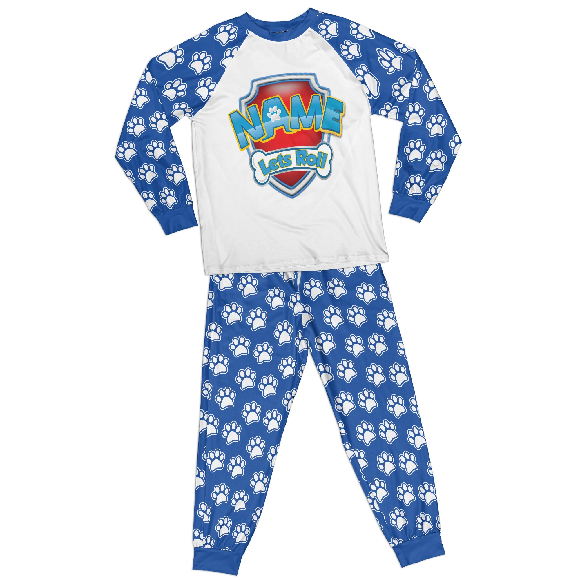 Personalized Family Pajama Sets | Matching Cartoon Xmas Jammies for ADULTS | Christmas Holiday family PJs | Custom Blue Paw and Bones night suit