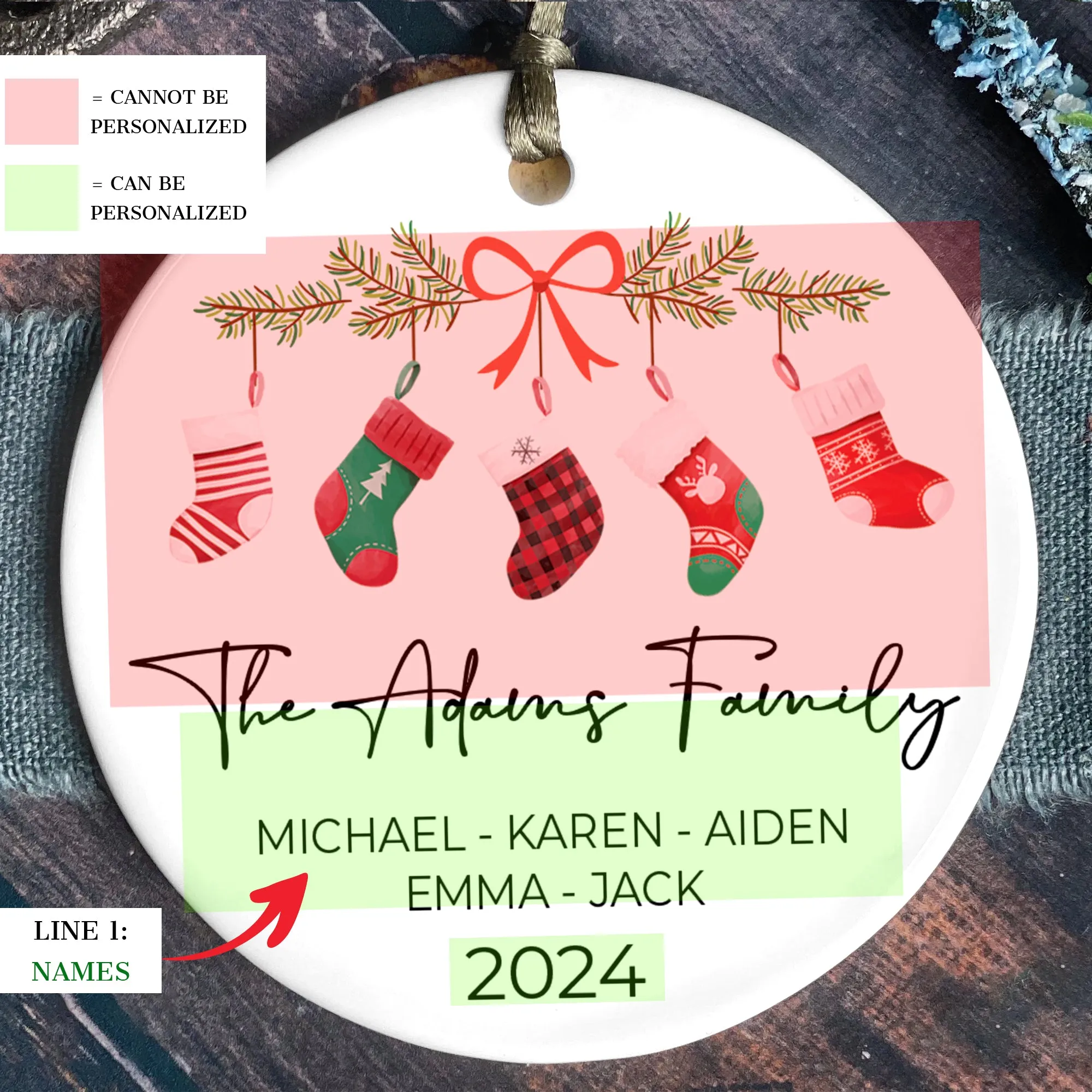 Personalized Family Stocking Ornament With Names and Year, Personalized Family Ornament CX01-36