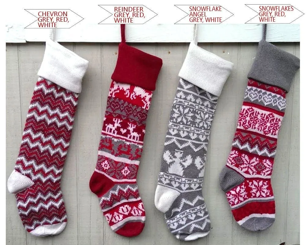 Personalized Large 28"  Knitted Christmas Stockings Red Grey White Intarsia Fair Isle Nordic Modern Christmas Stockings for Holidays