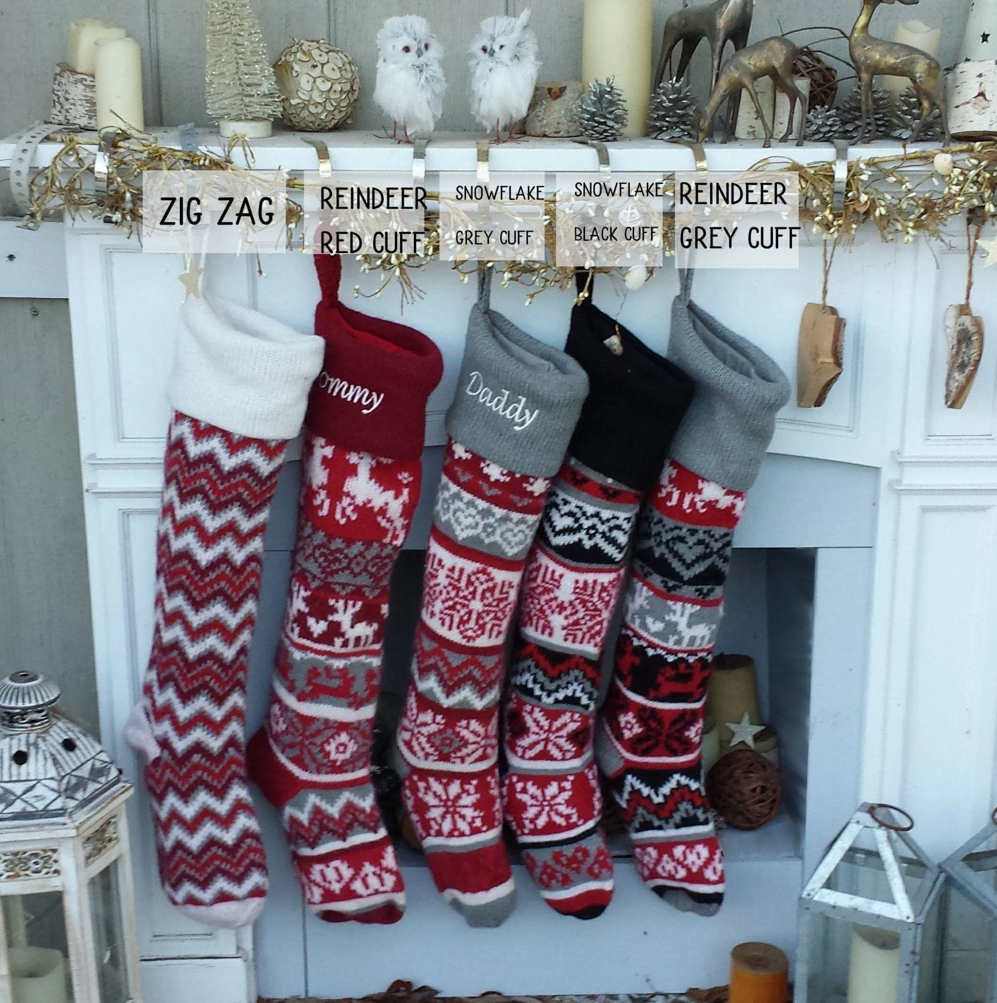 Personalized Large 28"  Knitted Christmas Stockings Red Grey White Intarsia Fair Isle Nordic Modern Christmas Stockings for Holidays