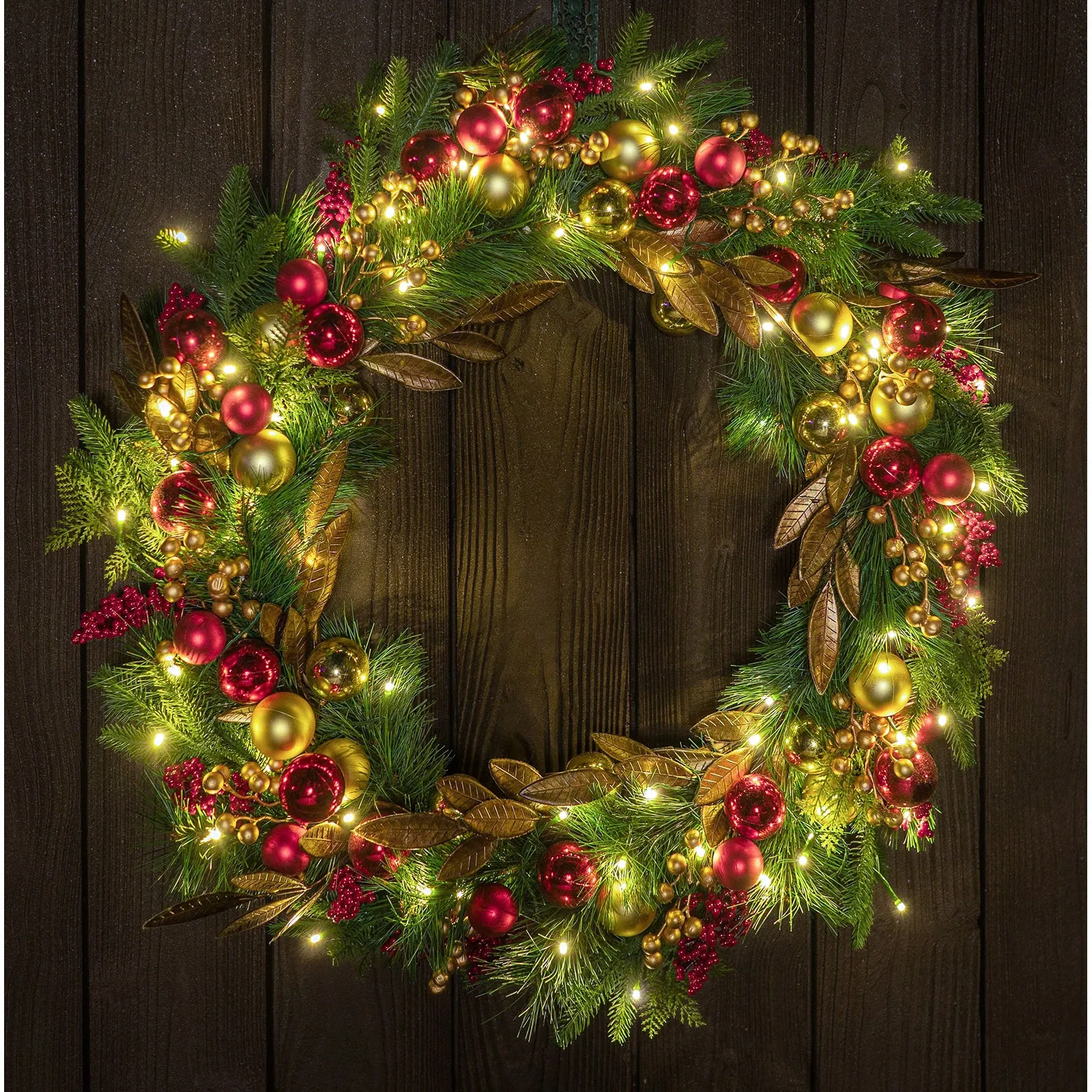 Red Co. 30” Decorative Artificial Light-Up Christmas Wreath with Red & Gold Ornaments, Battery-Operated LED Lights with Timer