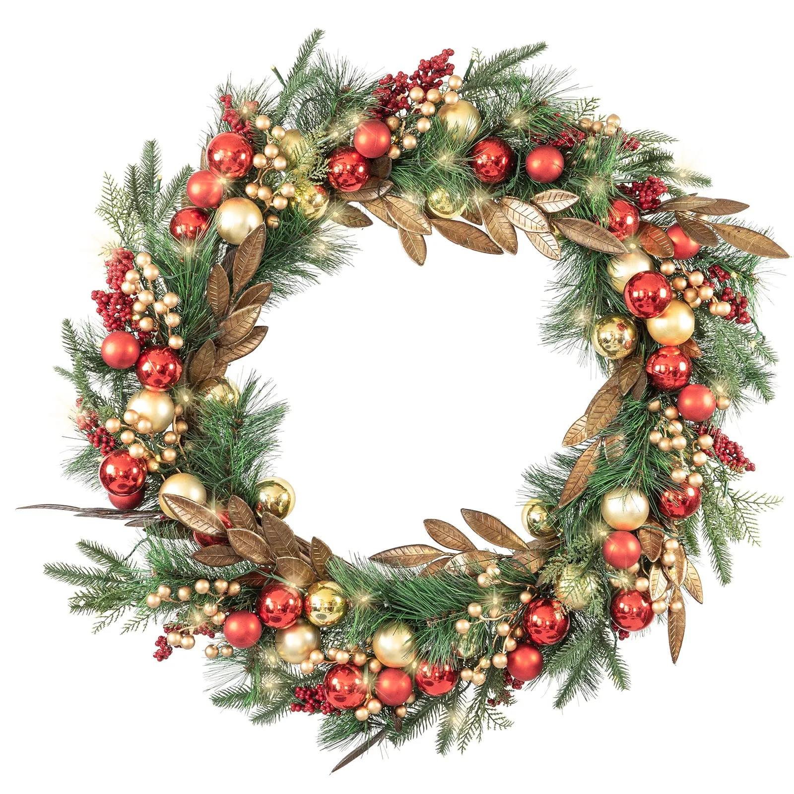 Red Co. 30” Decorative Artificial Light-Up Christmas Wreath with Red & Gold Ornaments, Battery-Operated LED Lights with Timer