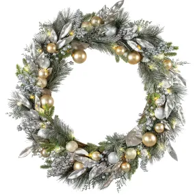 Red Co. 30” Decorative Artificial Light-Up Christmas Wreath with Silver & Gold Ornaments, Battery-Operated LED Lights with Timer