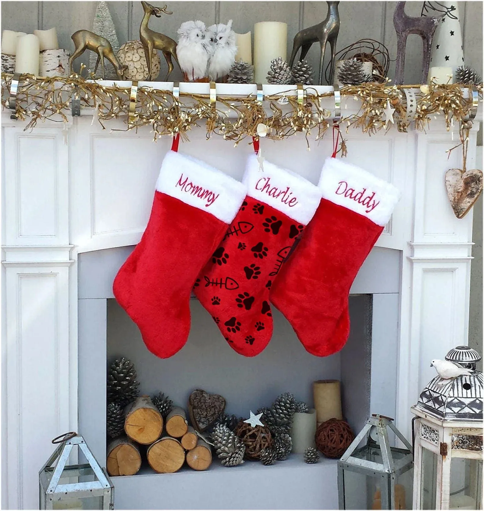 Red white plush embroidered Christmas stocking - Personalized Embroidered Family Kids Dog Cat Pet Paw Stockings - traditional red and white Christmas Stockings