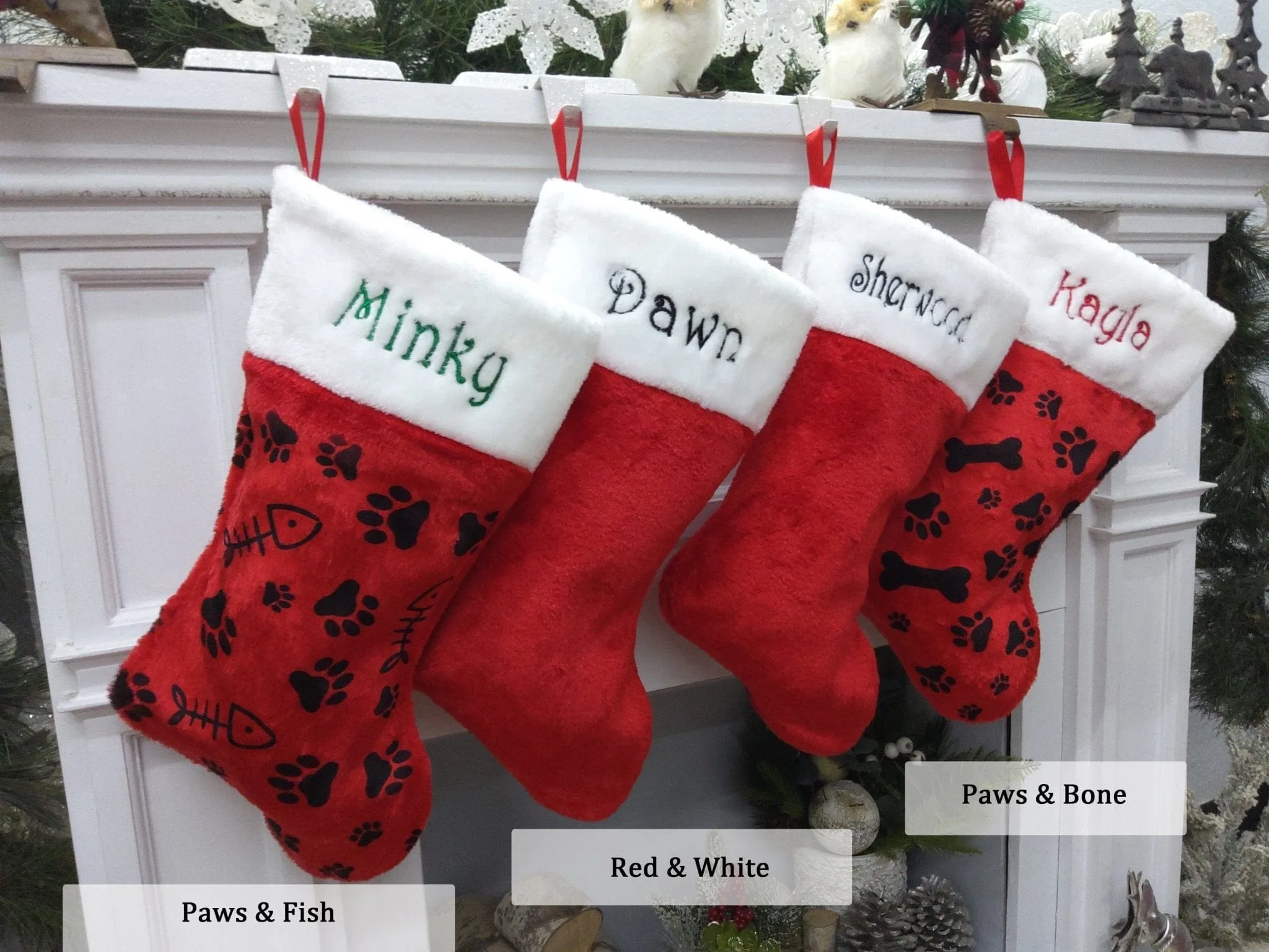 Red white plush embroidered Christmas stocking - Personalized Embroidered Family Kids Dog Cat Pet Paw Stockings - traditional red and white Christmas Stockings