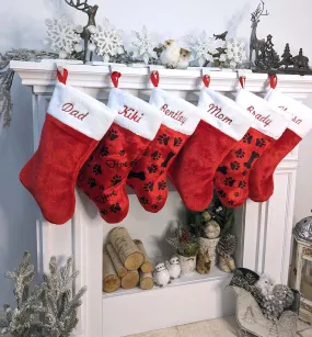 Red white plush embroidered Christmas stocking - Personalized Embroidered Family Kids Dog Cat Pet Paw Stockings - traditional red and white Christmas Stockings