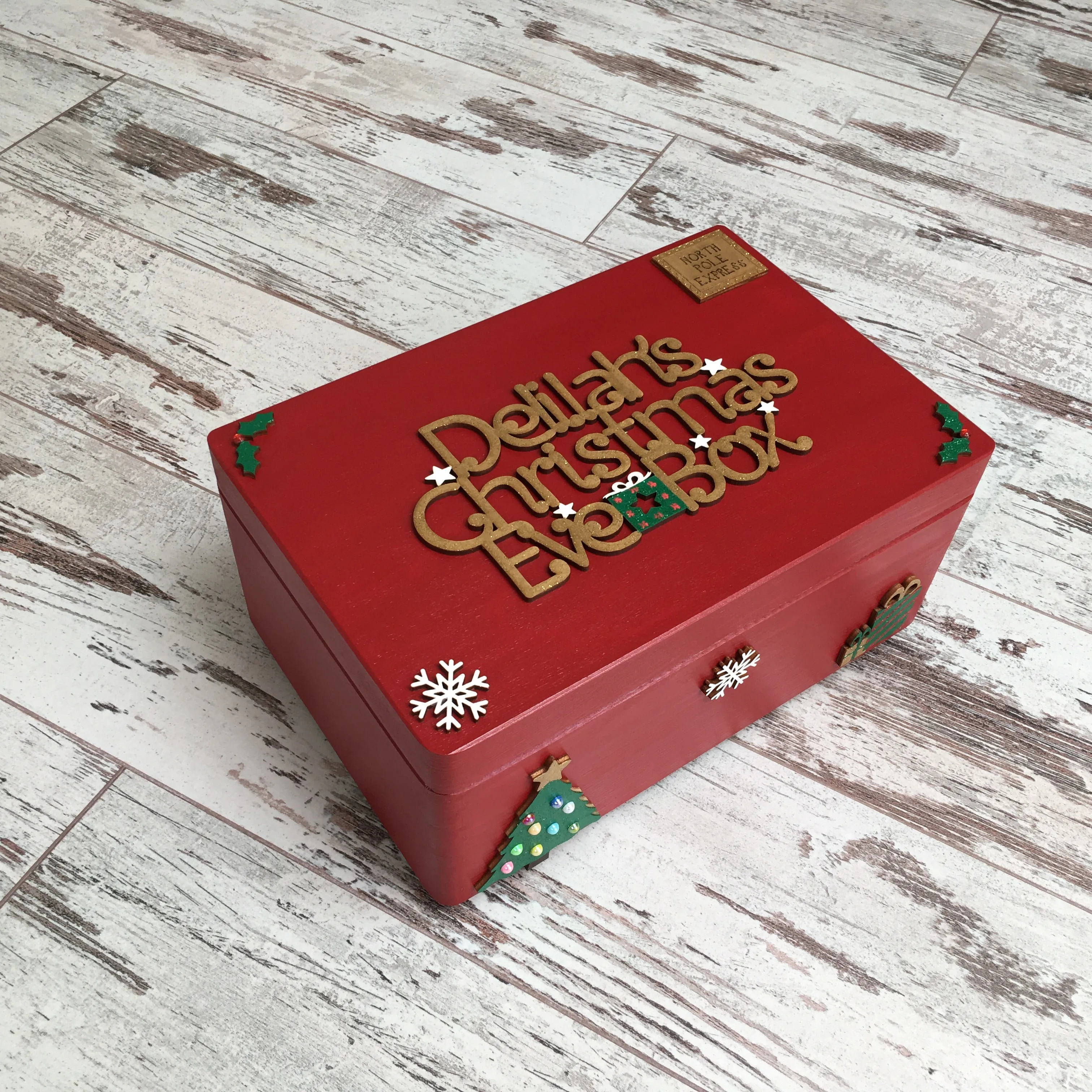 Red Wooden Christmas Eve Box With Personalised Topper