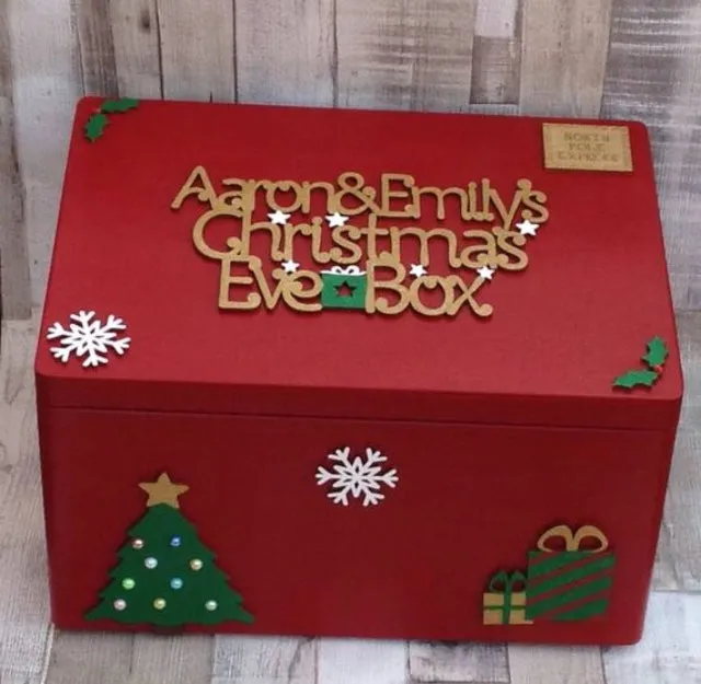 Red Wooden Christmas Eve Box With Personalised Topper