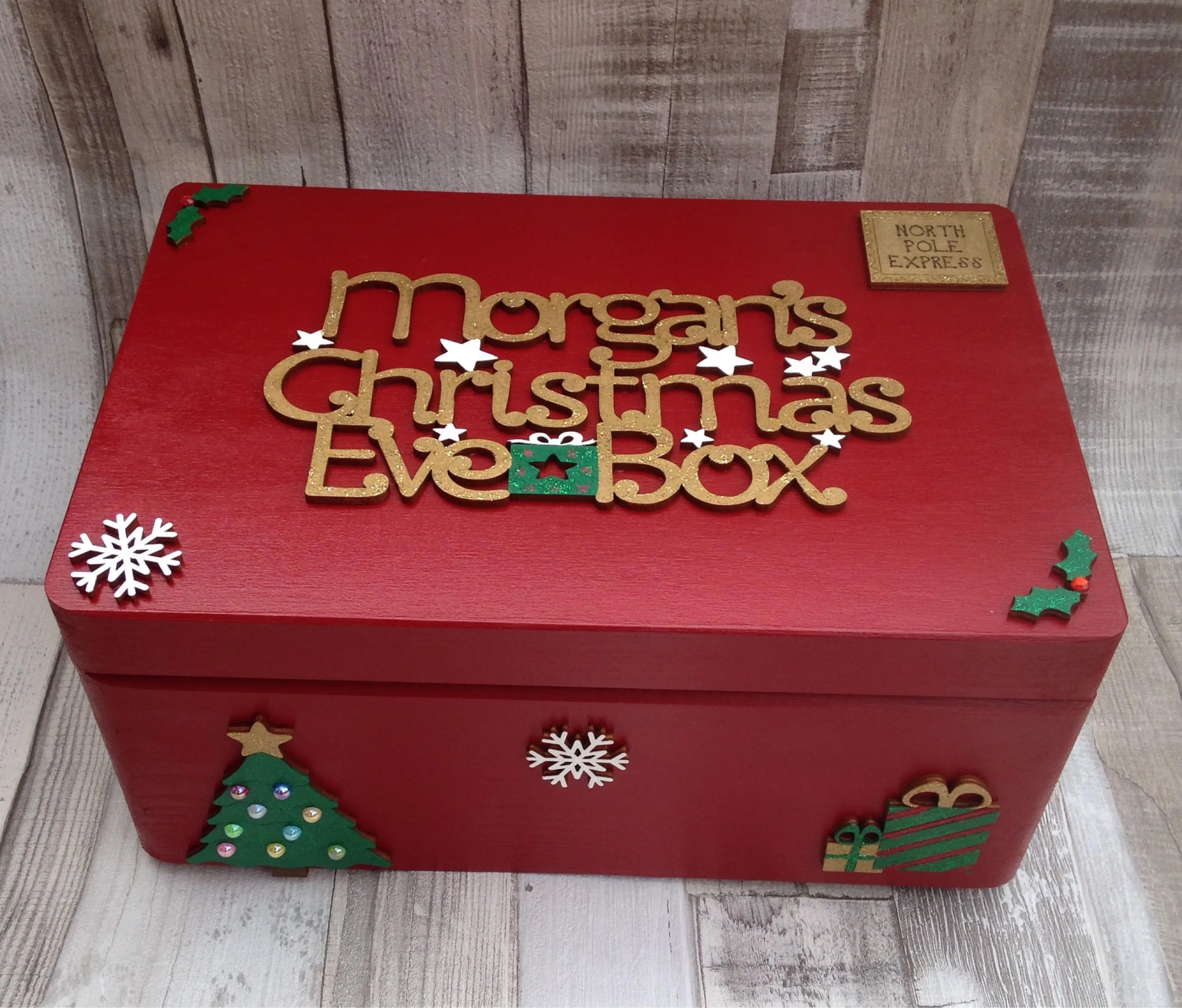 Red Wooden Christmas Eve Box With Personalised Topper