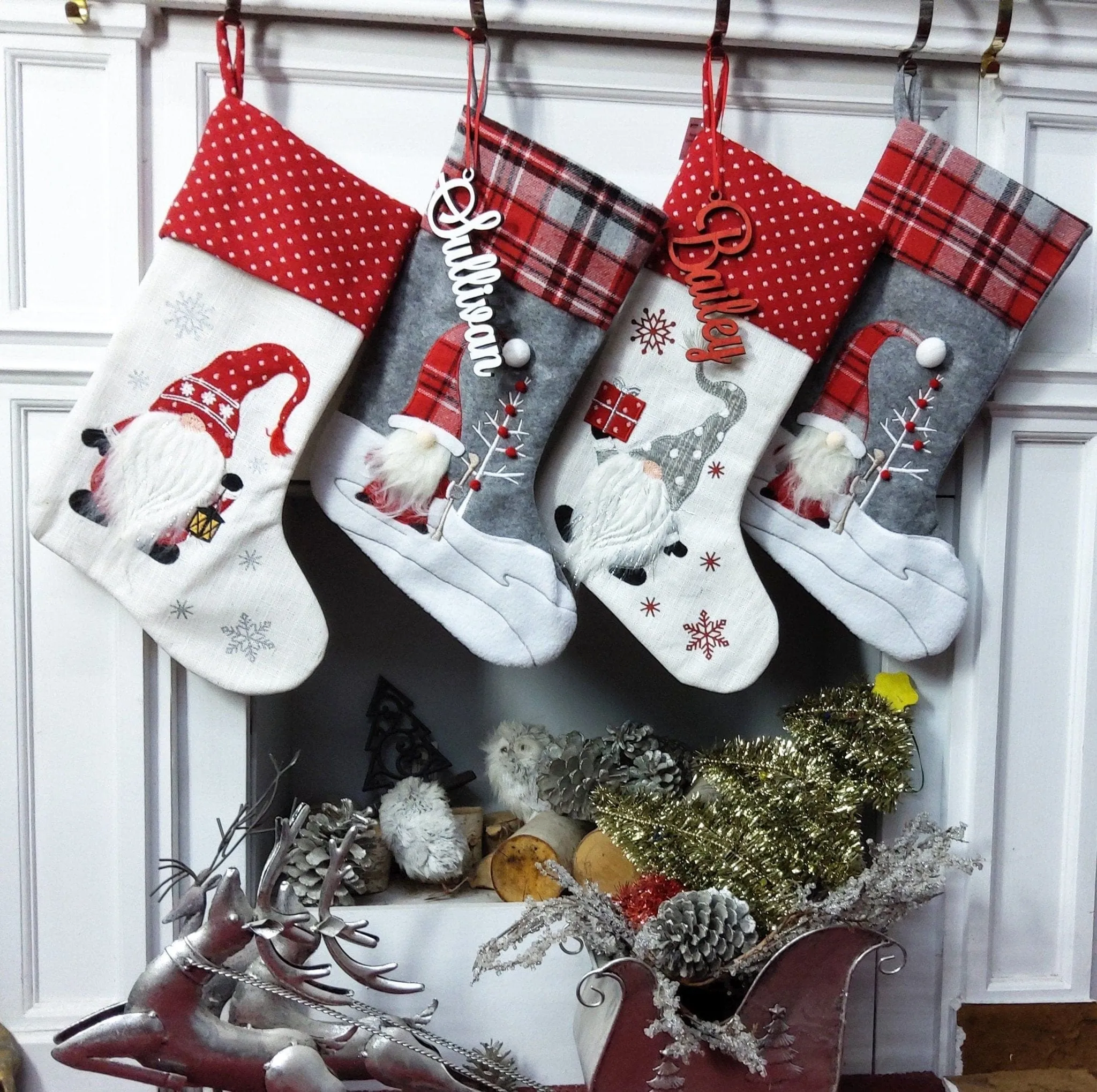 Scandinavian Gnomes Personalized Christmas Stockings Christmas Plaid Red Grey for Kids and Family