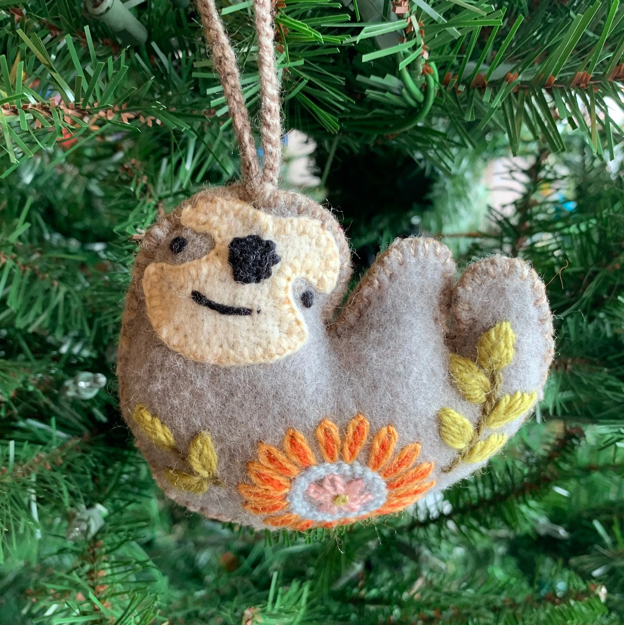 Sloth Ornament, Embroidered Wool