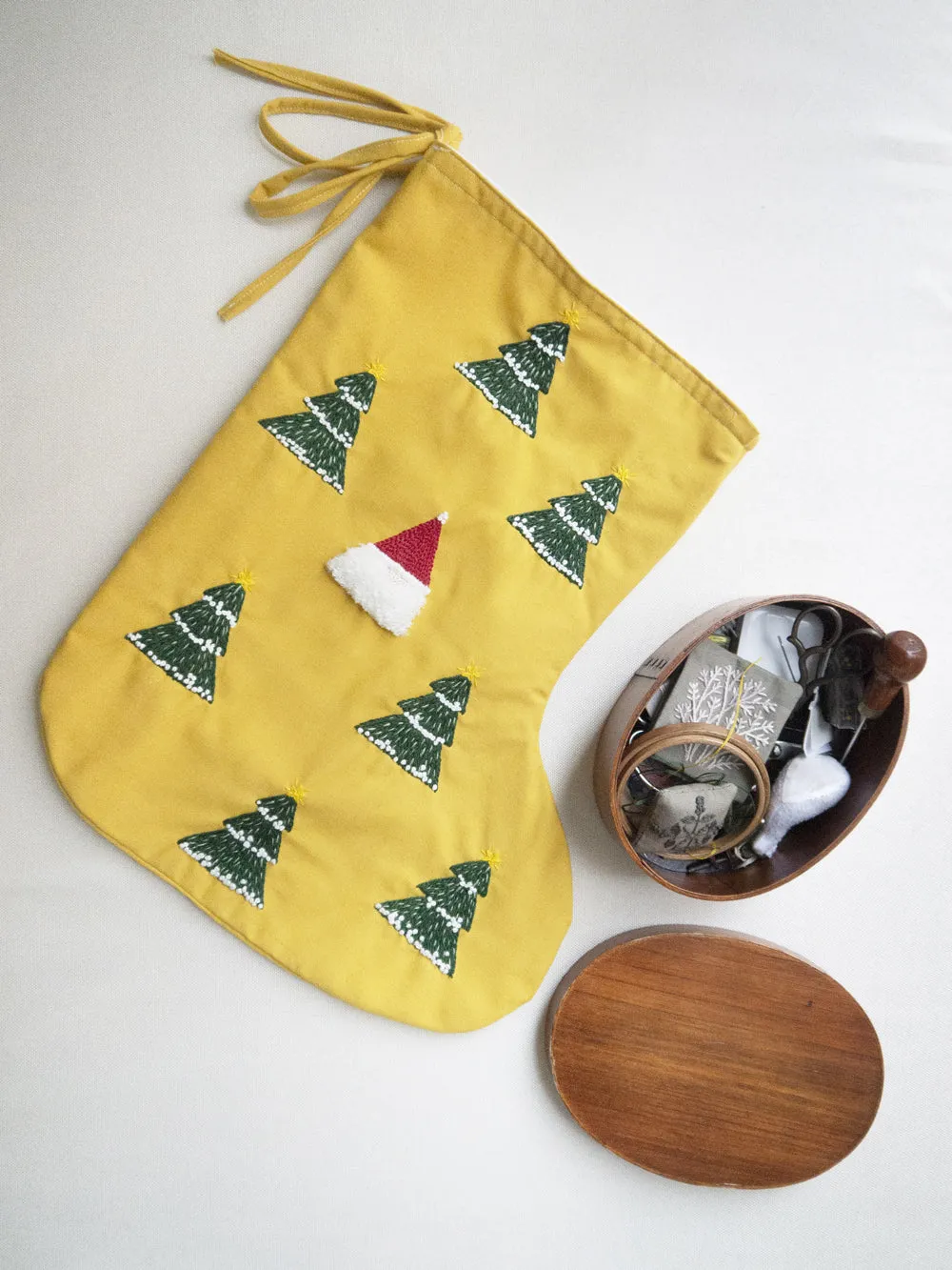 Unique Handmade Christmas Ornaments - Yellow Christmas Stocking with Embroidered Trees