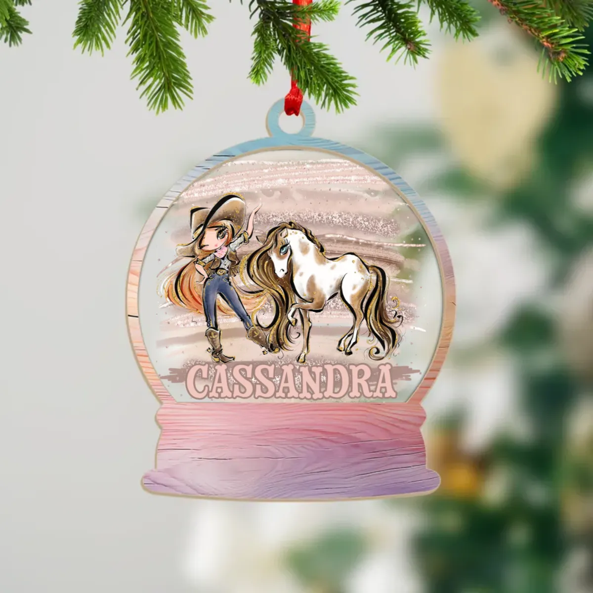 Wood and Acrylic Ornament Personalised Cowgirl and Horse