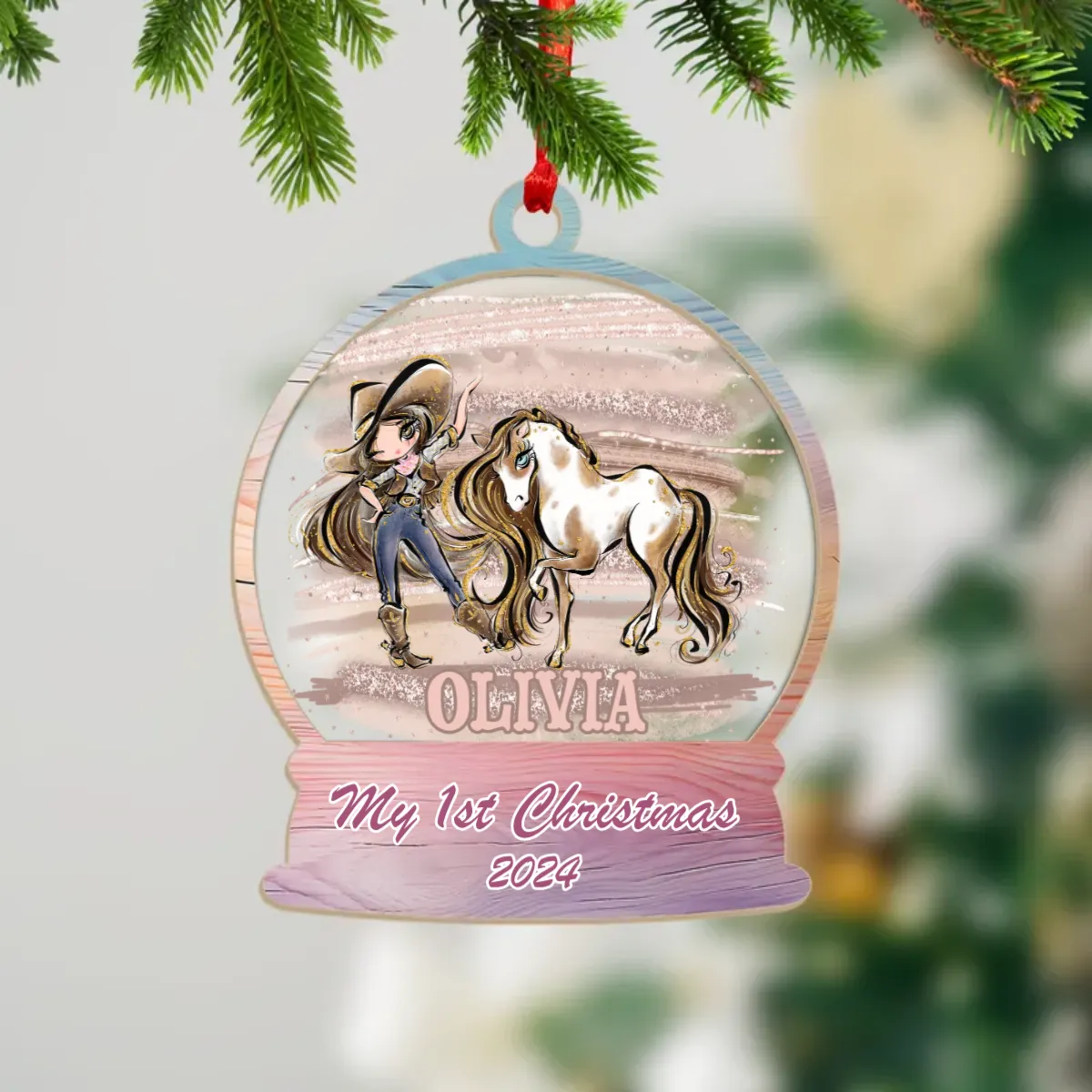 Wood and Acrylic Ornament Personalised Cowgirl and Horse