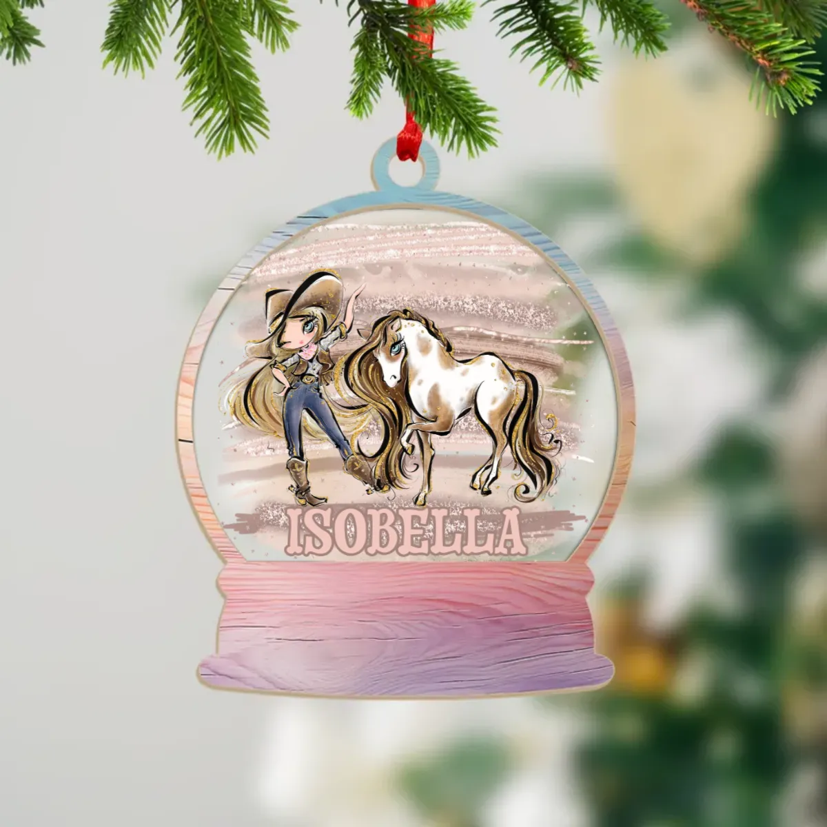 Wood and Acrylic Ornament Personalised Cowgirl and Horse